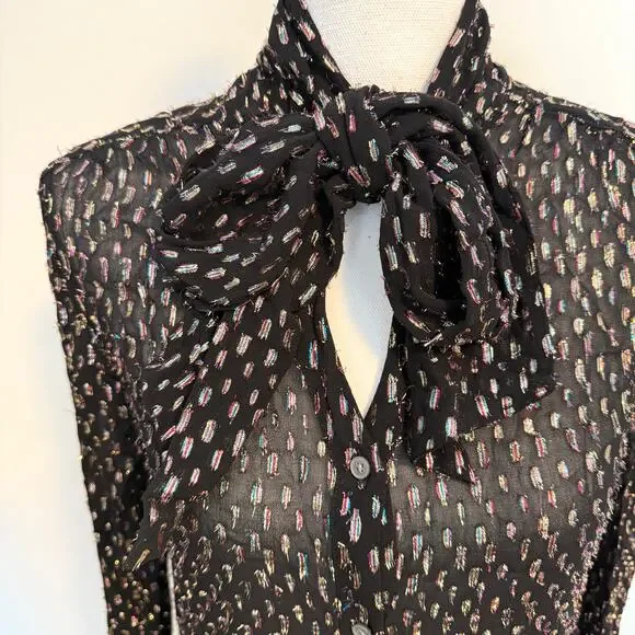 J. Crew Tie Neck Sheer Rainbow Lurex Dot Blouse Top In Black Size XS - Picture 5 of 14